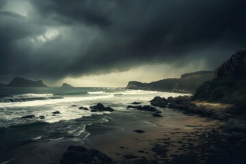 A dramatic stormy sky and rocky coastline. Generative AI