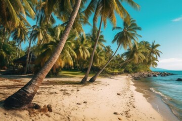 Obraz na płótnie Canvas A serene tropical beach with palm trees and a traditional hut. Generative AI