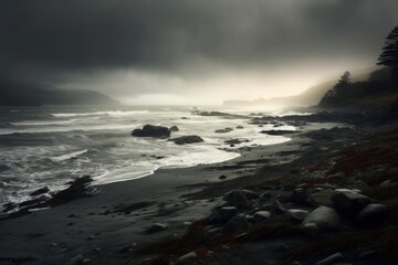 Obraz premium A rocky beach with cloudy skies and ocean waves. Generative AI