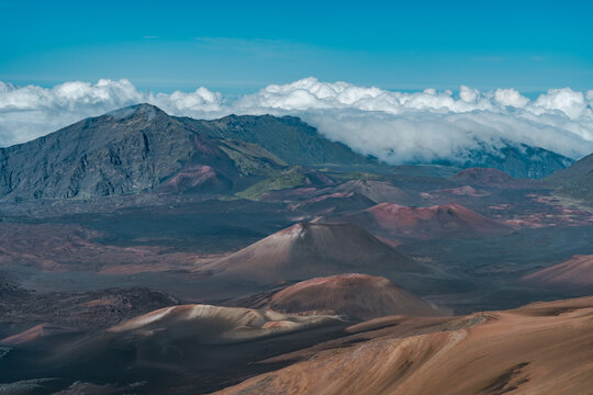 Haleakala National Park, Maui, Hawaii. Shield volcano. Cinder cone. Volcanic cones are among the simplest volcanic landforms. They are built by ejecta from a volcanic vent.

