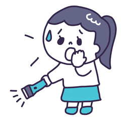 懐中電灯を手に持って迷子の犬猫を探している不安な顔した若い女性（全身）のイラスト