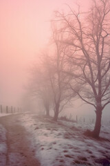 Hazy fog on a snowy day, soft glow, dreamy pastel film screen shot. AI generative