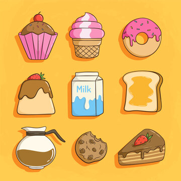 bakery product with cupcake, donut, cookies and slice cake with coffee