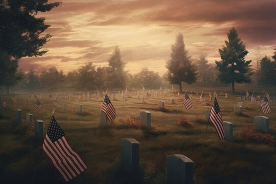 Cemetery with American flags honoring fallen soldiers. Generative AI