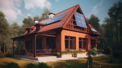 Alternative green energy, solar panels on the roof top of the house. Generative AI