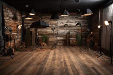 A professional studio with wooden flooring and proper lighting setup for photography. Generative AI
