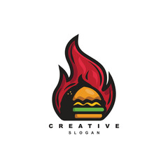 Creative colorful fire burger logo design. Extra spicy hot burger logo for your brand or business