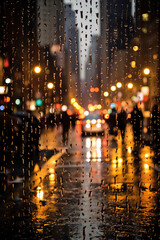 Photograph of busy city street, taken at dusk on a rainy day, water beading on glass, camera focus on window. AI generative