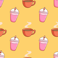 milkshake and coffee cup seamless pattern on orange background