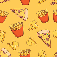 seamless pattern of junk food  with pizza slice and french fries