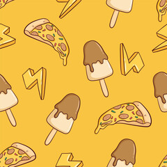 seamless pattern of junk food with pizza slice and ice cream