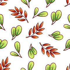 colorful seamless pattern of autumn leaves with outline on white background