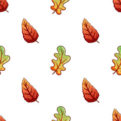 colorful seamless pattern of autumn leaves with outline on white background