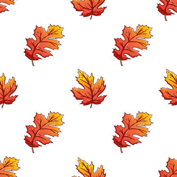 colorful seamless pattern of autumn leaves with outline on white background