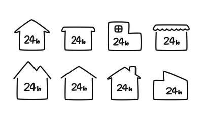 24時間営業を意味する店のイラストセット/年中無休/終日営業/コンビニ/スーパー/ベクター/アイコン/要素/モノクロ