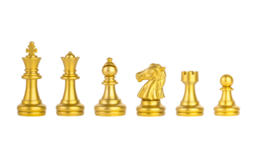 Sets of Golden Chess pieces. The photo of gold chess, king, rook, bishop, queen, knight and pawn.