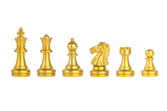 Sets of Golden Chess pieces. The photo of gold chess, king, rook, bishop, queen, knight and pawn.
