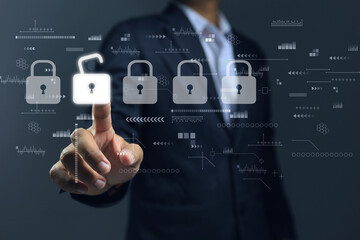 Businessmen unlock the lock and gain access to private database where large databases play an...