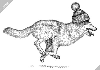 Vintage engraving isolated gray wolf set glasses dressed fashion illustration ink costume sketch. Wild dog background animal silhouette sunglasses hipster hat art. Hand drawn vector image.