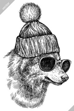 Vintage engraving isolated gray wolf set glasses dressed fashion illustration ink costume sketch. Wild dog background animal silhouette sunglasses hipster hat art. Hand drawn vector image.