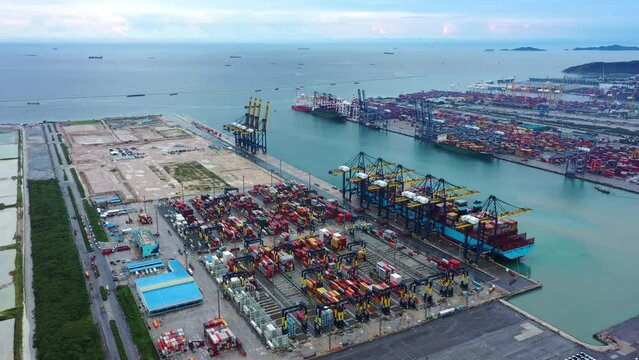 Aerial view of container ship and the blue sea, Deep Sea Port