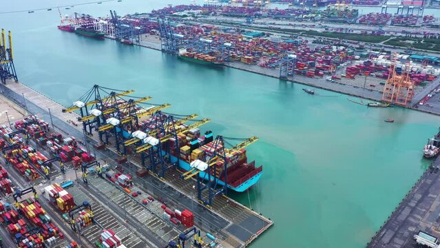 Aerial view of container ship and the blue sea, Deep Sea Port