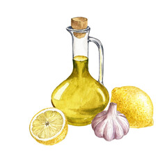 watercolor drawing toum sauce ingredients, glass bottle of olive oil , lemon and garlic, hand drawn illustration