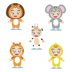 Multiracial Boys and Girls, wearing colorful costumes of animal, happy. Cartoon vector characters of Kid animal, isolated on white background. for party, invitations, web, mascot