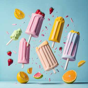Levitating ice cream popsicles and fruits, pastel background - Generative AI