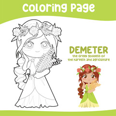Colouring worksheet of Demeter Goddess of the harvest and agriculture. Ancient Greece mythology. Greek deity theme elements. Coloring page activity for kids. Vector illustration file.