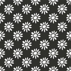Ditsy monochrome seamless pattern with white flowers on black background. Retro floral repeat pattern.