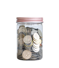Money coins inside a plastic container. isolated. Transparent background.