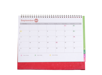 Table calendar, September month, isolated. Transparent background.