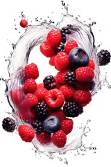 Juicy raspberries and blackberries with blueberries in circle splashes. AI  generation 