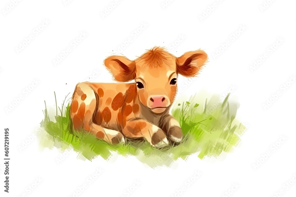 Sticker cow lying on a verdant green pasture Generative AI