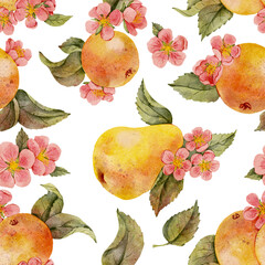 seamless pattern with watercolor drawing apple and pear tree branch with fruits, flowers and leaves, hand drawn illustration