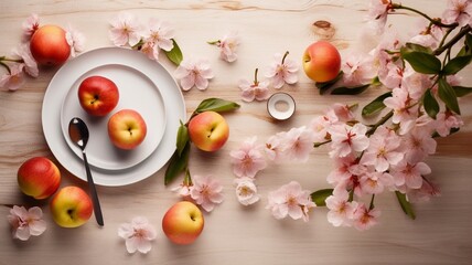 Naklejka na ściany i meble Summer fruits and flowers on wooden table Generative AI