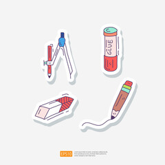 Architect Compass, Stick Glue, Eraser, Pencil. Engineering School and Creative Study Doodle Sticker Icon Set Vector Illustration
