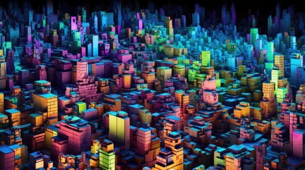 Fototapeta premium bright colorful city and building at night with lit by bright neon lights. mosaic tile abstract textureMade with the highest quality generative AI tools
