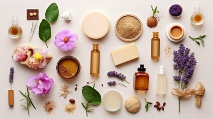 Obraz na płótnie Canvas Ingredients for skin care products laid down flat. Top view of natural cosmetics on a bright background. GENERATE AI