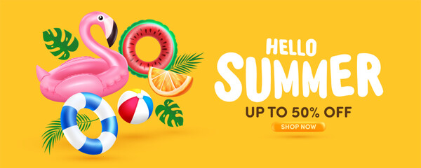 Summer poster or banner template with Flamingo Pool Float, Watermelon Swimming Floats and Summer element on yellow background. Promotion and shopping template for Summer time