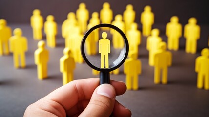 In order to attract customers for a focus group, a hand holding a magnifying glass has a yellow people symbol amid white people icons. GENERATE AI