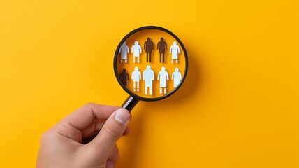 In order to attract customers for a focus group, a hand holding a magnifying glass has a yellow people symbol amid white people icons. GENERATE AI