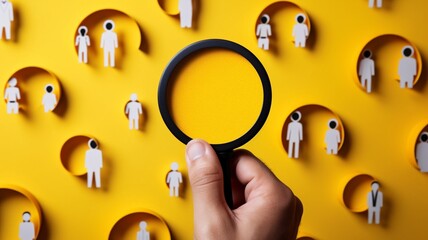 In order to attract customers for a focus group, a hand holding a magnifying glass has a yellow people symbol amid white people icons. GENERATE AI - obrazy, fototapety, plakaty