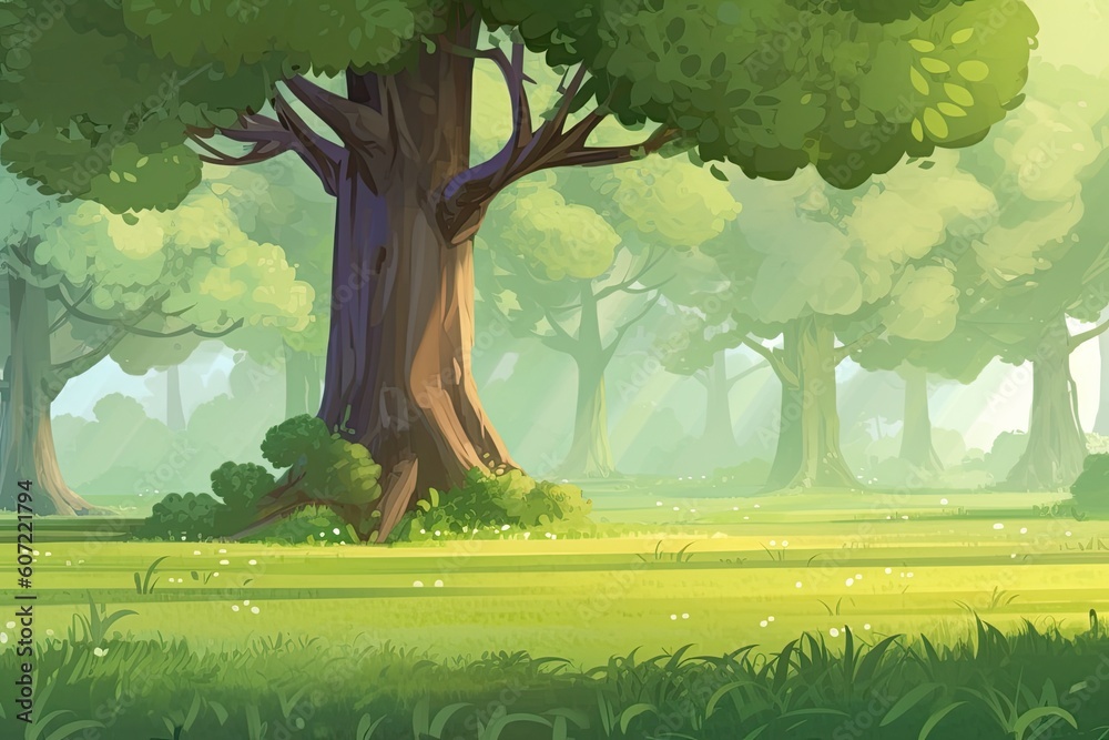 Poster lush green forest with tall trees and a stream running through it generative ai