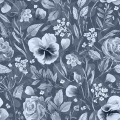 Floral, seamless pattern with violets, roses and other garden plants in one color. Monochromatic, floral, watercolor pattern.