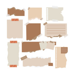Torn paper illustration isolated on white background. Realistic paper scraps with torn edges. Sticky notes, shreds of notebook pages. Torn note papers with adhesive tape