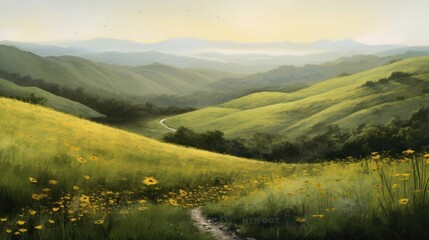 Beautiful painting of rolling hills with fields of green grassMade with the highest quality generative AI tools