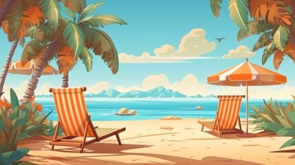 Tropical beach with sunbathing gear, background of summer vacation. GENERATE AI