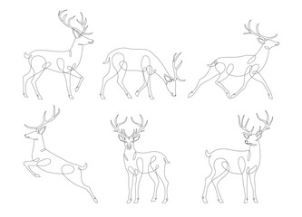 Set of deer in continuous line art drawing style. Continuous line drawing collection of deer. Deer in abstract and minimalist linear icon set. Vector illustration